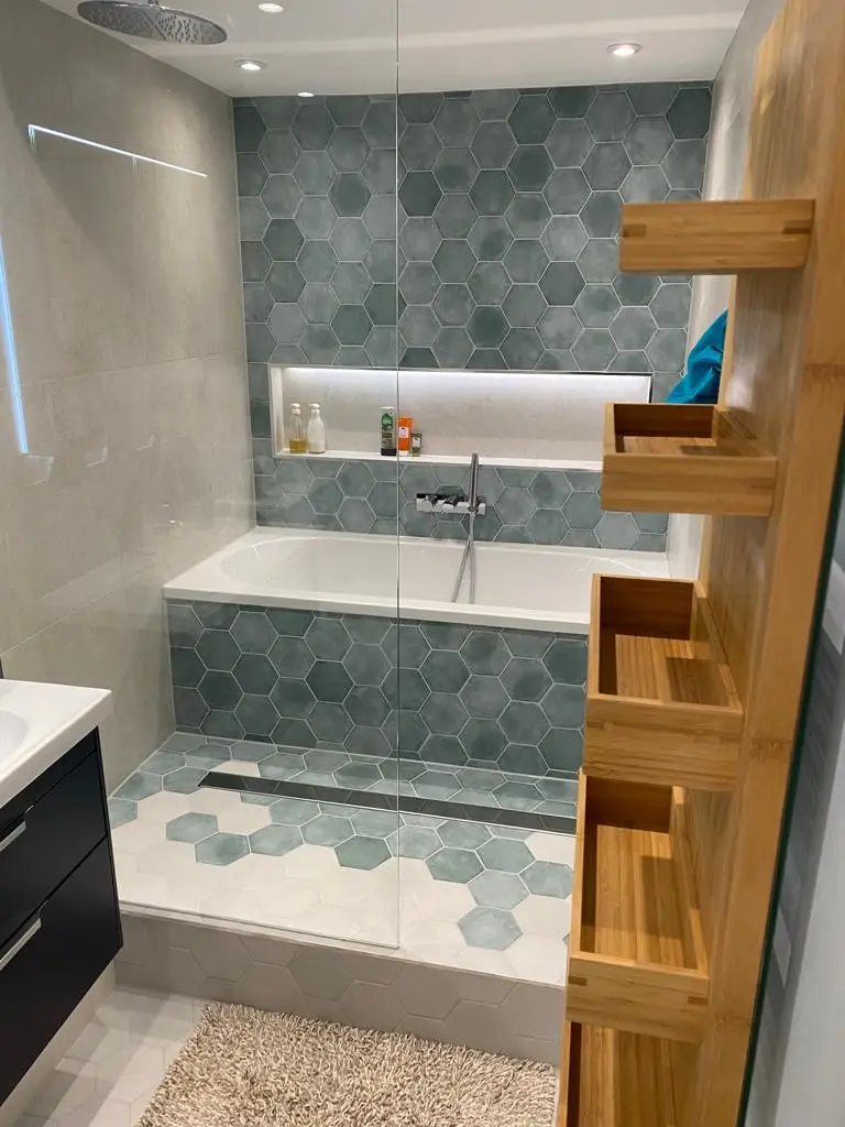 Walk-in shower and bath area